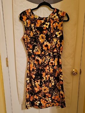 Emma & Michele Black Mini Dress with Orange and Cream Floral Print